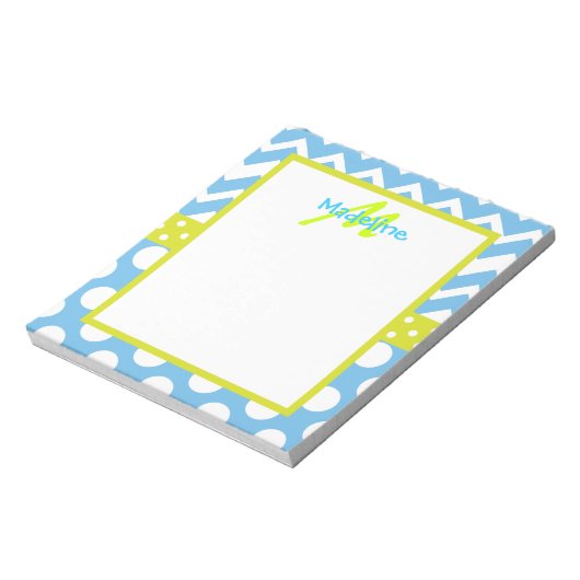 Limoen en Blue Chevron Polka Dots Monogram Notitie Notitieblok (Linkerzijde)