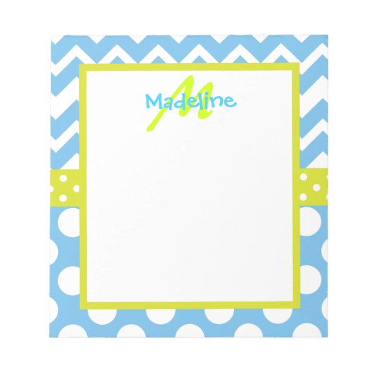 Limoen en Blue Chevron Polka Dots Monogram Notitie Notitieblok (Voorkant)