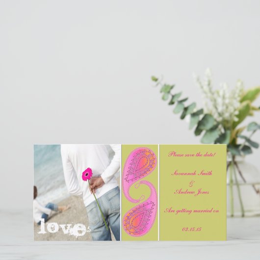 Limoen en frambozenpaisley opslaan Datum uw foto Save The Date (Staand voorkant)