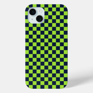 Limoen en marineblauw dambordpatroon iPhone 15 mini hoesje