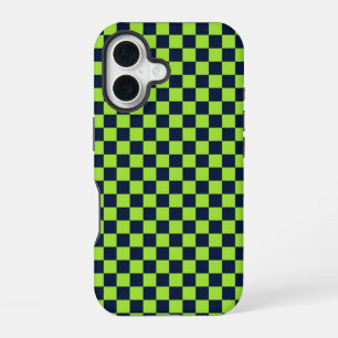 Limoen en marineblauw schaakbordpatroon iPhone 16 hoesje