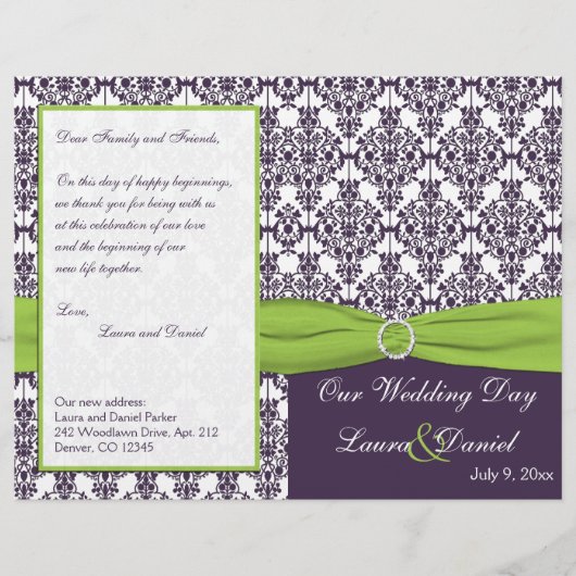 Limoen- en Paars-Damask Wedding-programma (Voorkant)