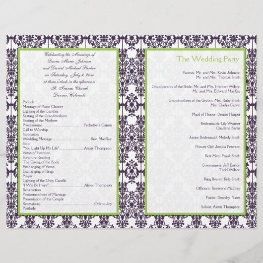 Limoen- en Paars-Damask Wedding-programma (Achterkant)