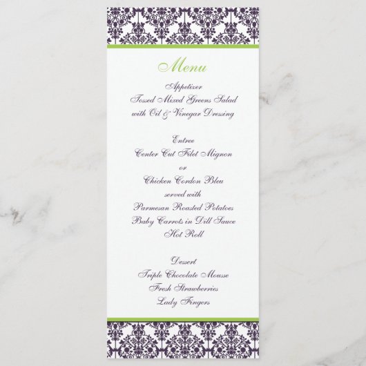 Limoen en Paarse Damask Bruiloft Menu Kaart (Achterkant)