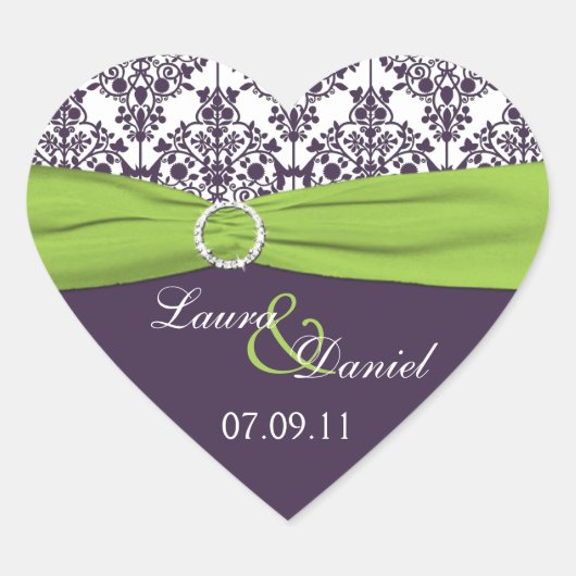 Limoen en Paarse Damask Heart Shape Sticker (Voorkant)