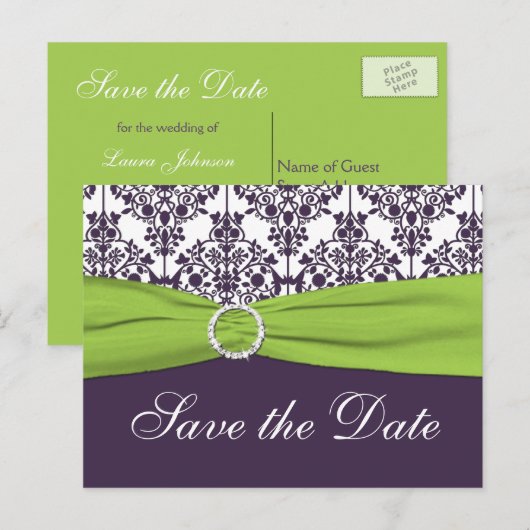 Limoen en Paarse Damask Save the Date Briefkaart (Voorkant / Achterkant)