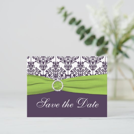 Limoen en Paarse Damask Save the Date Briefkaart (Staand voorkant)