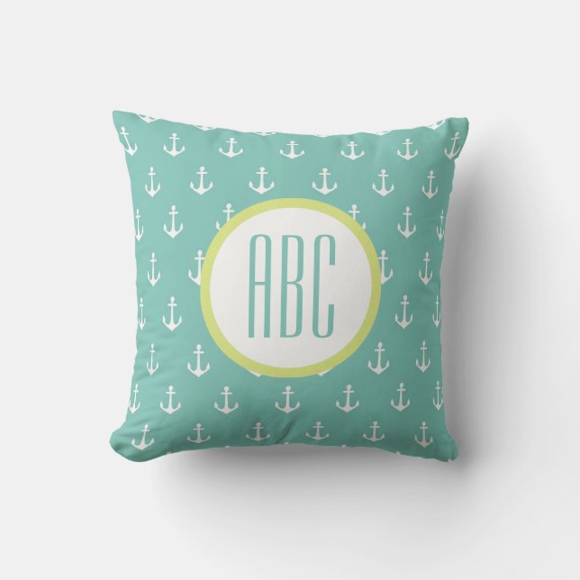 Limoen- en Seafoam Green Anchor Monogram Pillow Kussen (Voorkant)