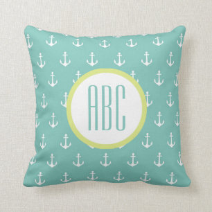 Limoen- en Seafoam Green Anchor Monogram Pillow Kussen