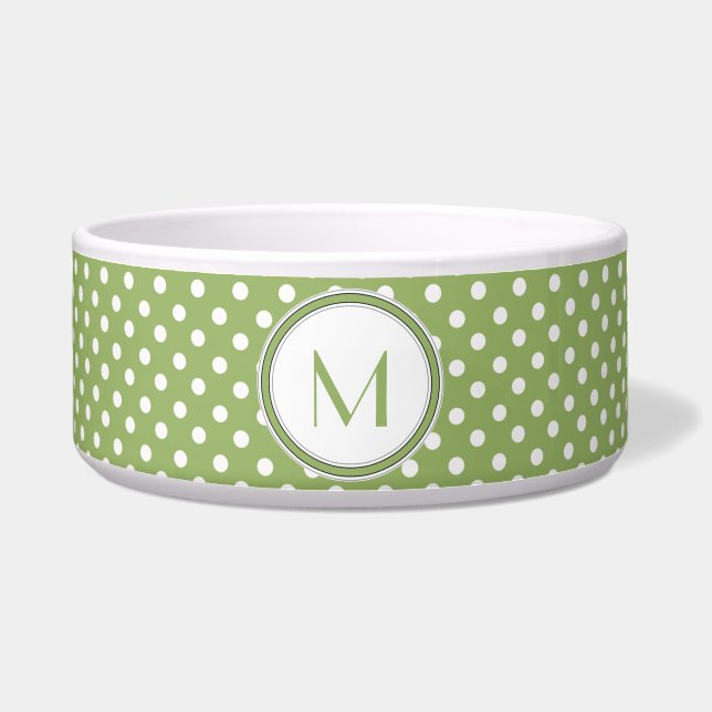 Limoen en White Polka Dot Monogram Pet Bowl Voerbakje (Voorkant)