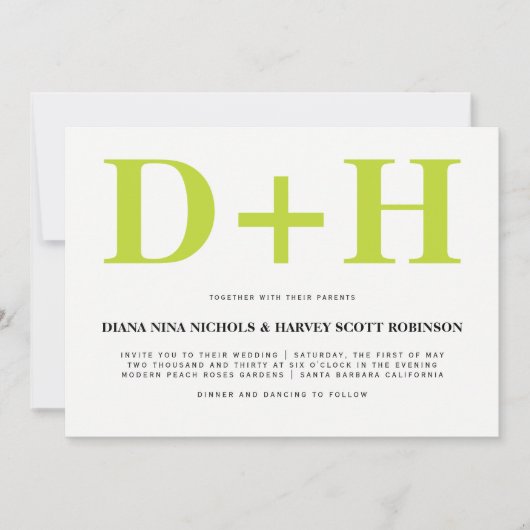 Limoen en witte initialen dikke typografie bruilof kaart (Voorkant)