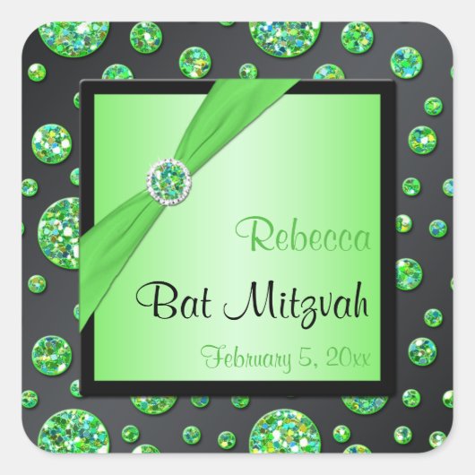 Limoen en Zwart 1,5" Vierkante Bat Mitzvah Sticker (Voorkant)
