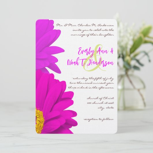 Limoen & Fuchsia Gerber Daisy Wedding Invitation Kaart (Staand voorkant)