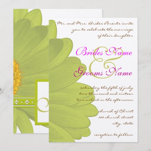 Limoen & Fuchsia Gerber Daisy Wedding Invitation Kaart (Voorkant / Achterkant)