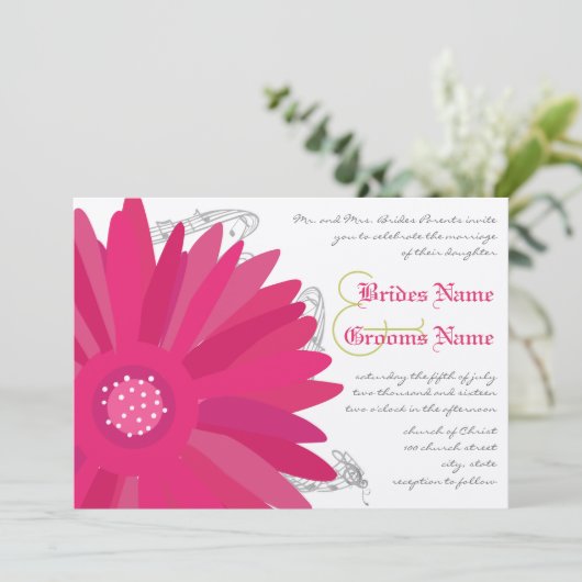 Limoen & Fuchsia Gerber Daisy Wedding Invitation Kaart (Staand voorkant)