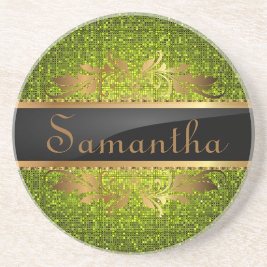 Limoen Glitter Sequin Disco Glitz Patroon Onderzet Zandsteen Onderzetter (Voorkant)