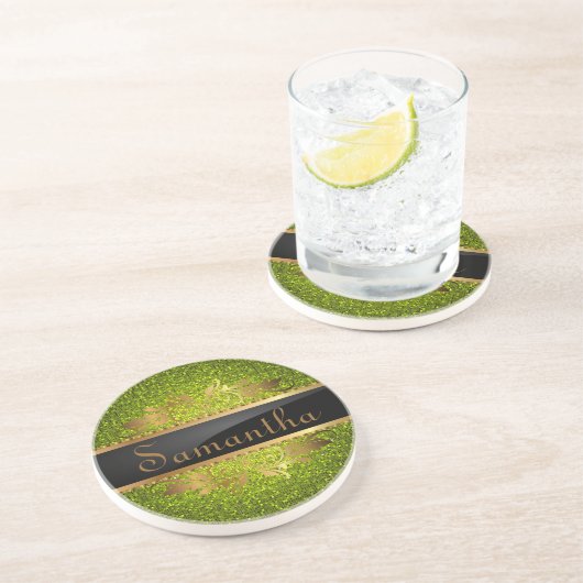 Limoen Glitter Sequin Disco Glitz Patroon Onderzet Zandsteen Onderzetter (Zijkant)