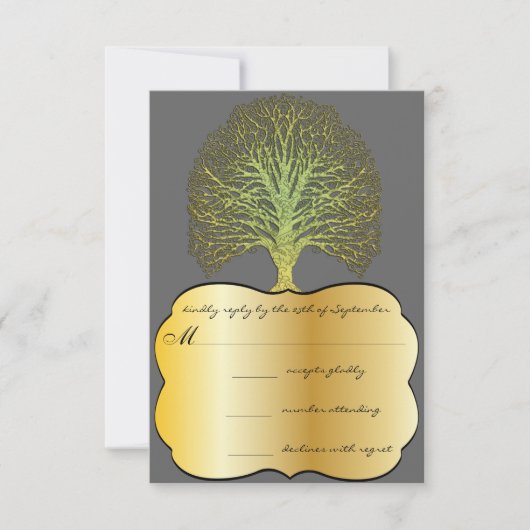 Limoen Gold Swirl Damask Tree Wedding RSVP (Voorkant)