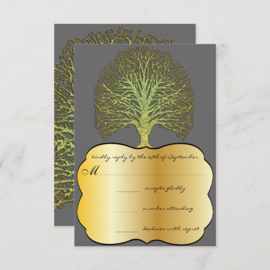Limoen Gold Swirl Damask Tree Wedding RSVP (Voorkant / Achterkant)
