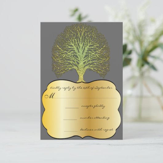 Limoen Gold Swirl Damask Tree Wedding RSVP (Staand voorkant)