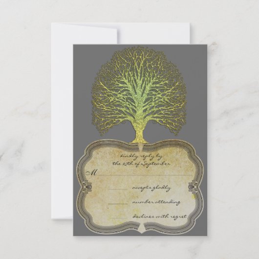 Limoen Gold Swirl Damask Tree Wedding RSVP (Voorkant)