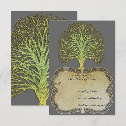 Limoen Gold Swirl Damask Tree Wedding RSVP (Voorkant / Achterkant)