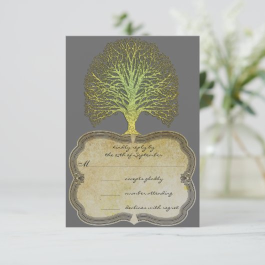 Limoen Gold Swirl Damask Tree Wedding RSVP (Staand voorkant)