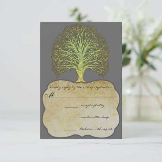 Limoen Gold Swirl Damask Tree Wedding RSVP (Staand voorkant)