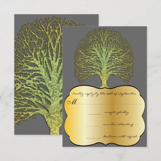 Limoen Gold Swirl Damask Tree Wedding RSVP Kaartje (Voorkant / Achterkant)