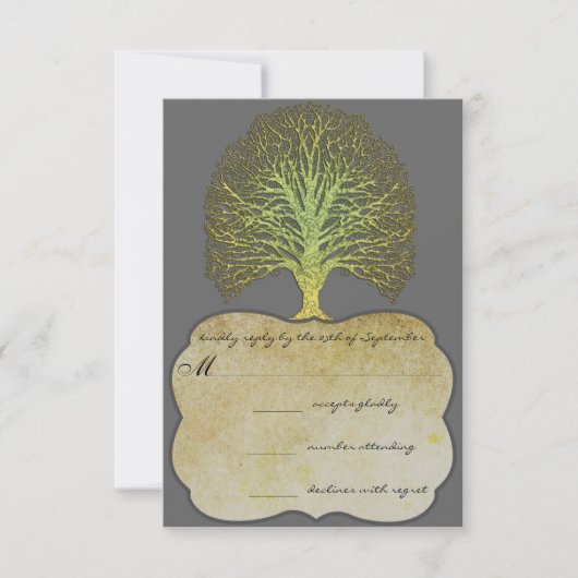 Limoen Gold Swirl Damask Tree Wedding RSVP Kaartje (Voorkant)