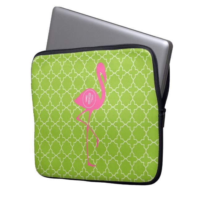 Limoen Groene Quatrefoil van de Flamingo van het Laptop Sleeve (Voorkant Links)