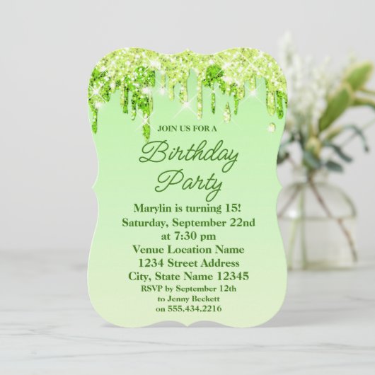 LIMOEN GROENGLITER DRIP ELEGANT BIRTHDAY INVITATIO KAART (Staand voorkant)