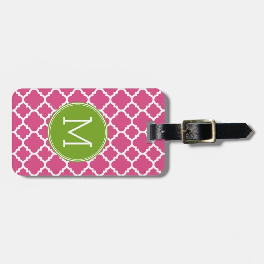 Limoen Hot Pink Quatrefoil Pattern Custom Monogram Bagagelabel (Voorkant horizontaal)
