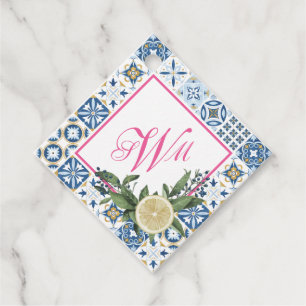 Limoen Italiaanse tegel blauw geel roze monogram Bedankjes Labels