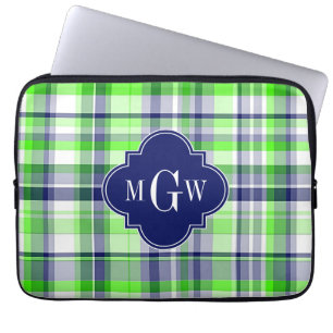 Limoen, marine, Wht Preppy Madras Quatrefoil Monog Laptop Sleeve