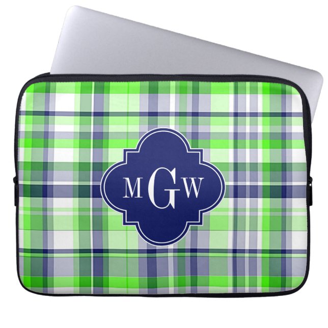 Limoen, marine, Wht Preppy Madras Quatrefoil Monog Laptop Sleeve (Voorkant)