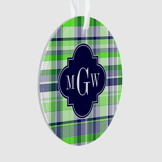 Limoen, marine, Wht Preppy Madras Quatrefoil Monog Ornament (voorkant)