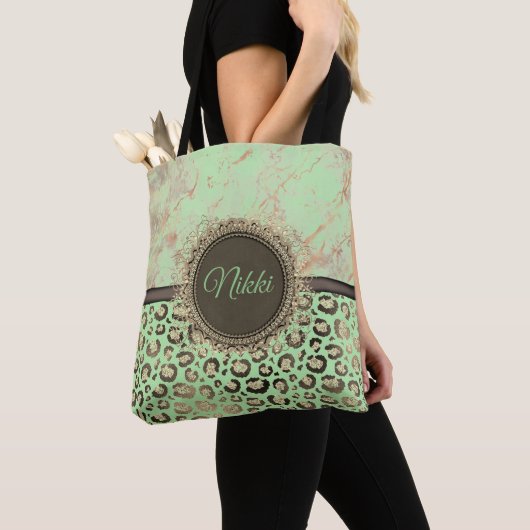 Limoen Marmeren Glitterij Leopard Gepersonaliseerd Tote Bag (Dichtbij)