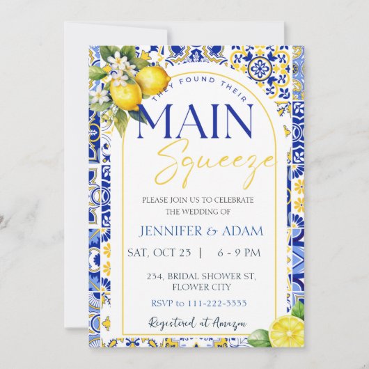 Limoen Mediterraan Blauwe Tegels Hoofdrol Trouwdag Kaart (Voorkant)