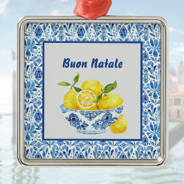 Limoen Mediterraan Buon Natale Azulejo Blauwe Toil Metalen Ornament