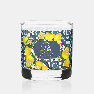 Limoen Mediterraanse Tegels Navy Blauwe Witte Whisky Glas
