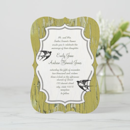 Limoen Old Wood Love Bird Weduwuitnodiging Kaart (Staand voorkant)