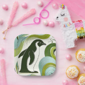 Limoen Olijfgroene pinguïn in bloesem Flora Leaf Papieren Bordje (Feest)