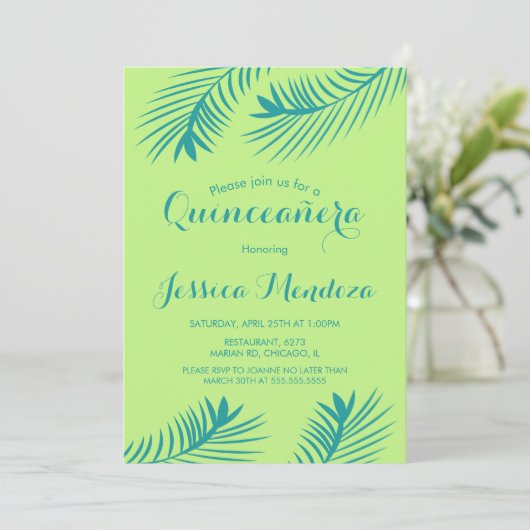 Limoen Palm Leaf Quinceañera Sweet 16 Uitnodiging (Staand voorkant)