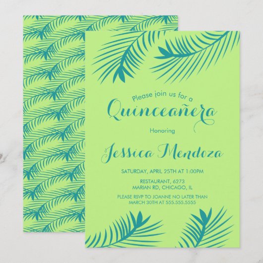 Limoen Palm Leaf Quinceañera Sweet 16 Uitnodiging (Voorkant / Achterkant)