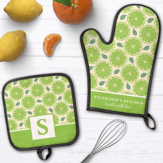 Limoen Slices Citrus Schattige Zomer Monogram Ovenwant & Pannenlap Set