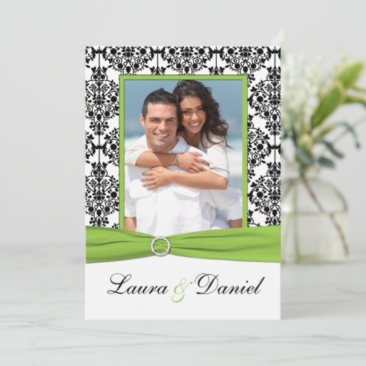 Limoen, White, Black Damask Photo Wedding Invite Kaart (Staand voorkant)