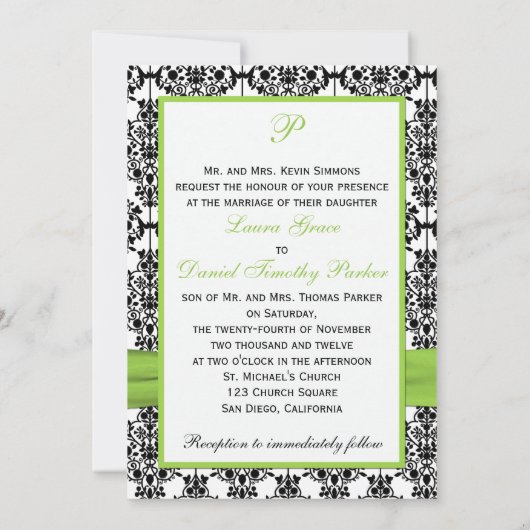 Limoen, White, Black Damask Photo Wedding Invite Kaart (Achterkant)