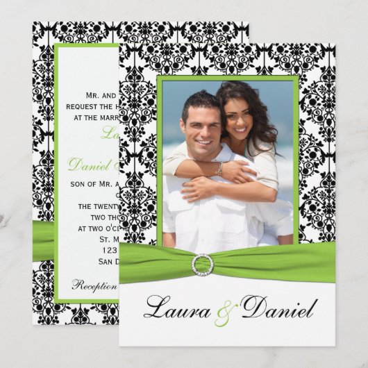 Limoen, White, Black Damask Photo Wedding Invite Kaart (Voorkant / Achterkant)