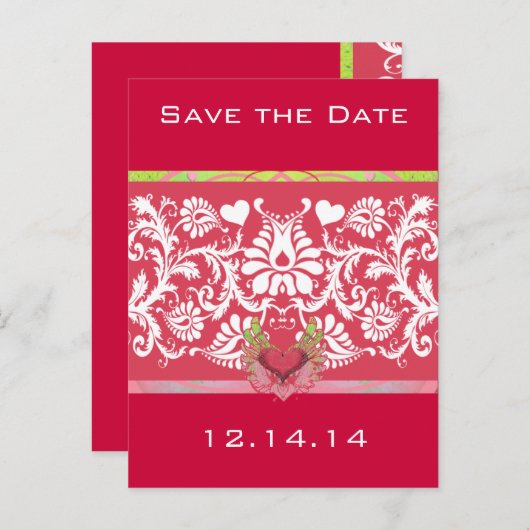 Limoen Winged hart witte schade op diepe frambose Aankondigingskaart (Voorkant / Achterkant)